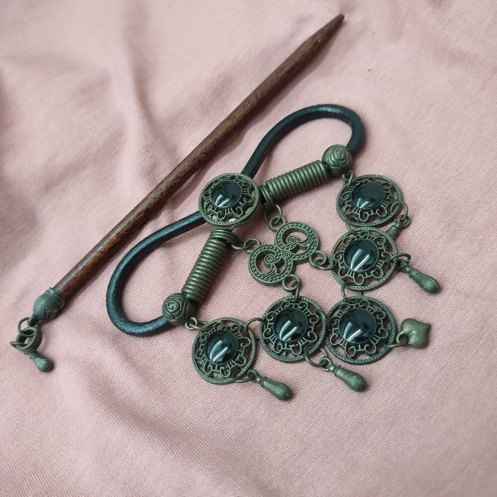 Bohemian inspired faux leather hair accessory, wire & dark stones, matching stic